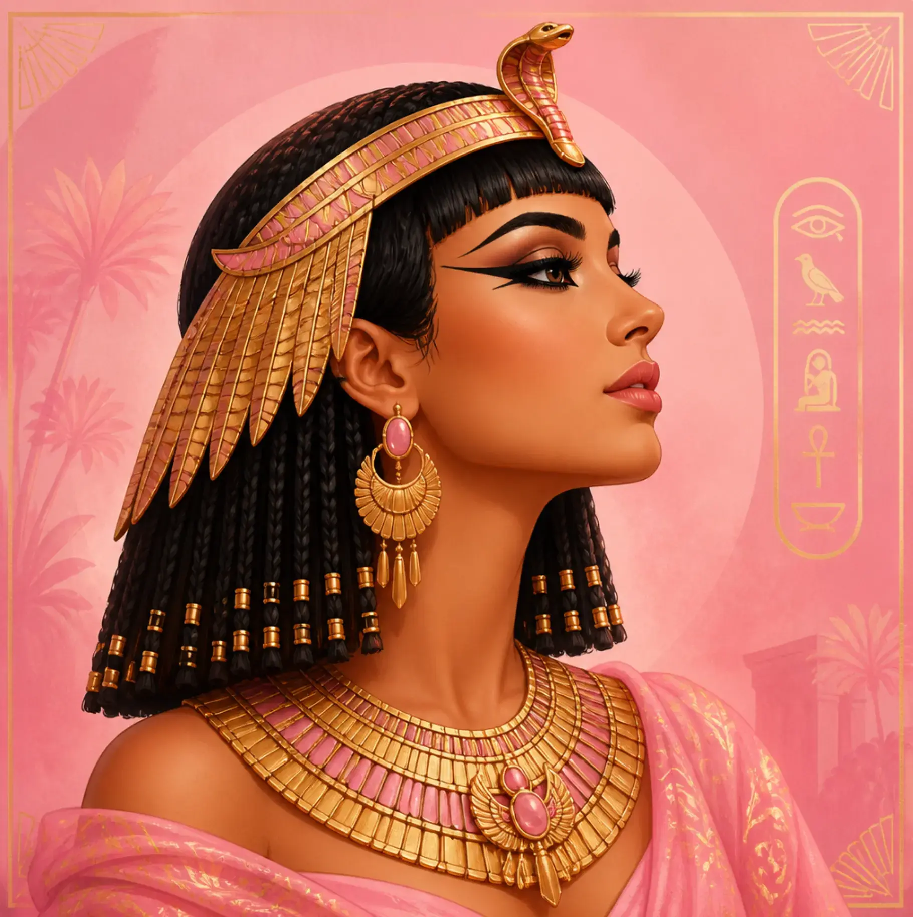 Illustrated portrait of Cleopatra in a gold cobra headdress against a rose-pink sky