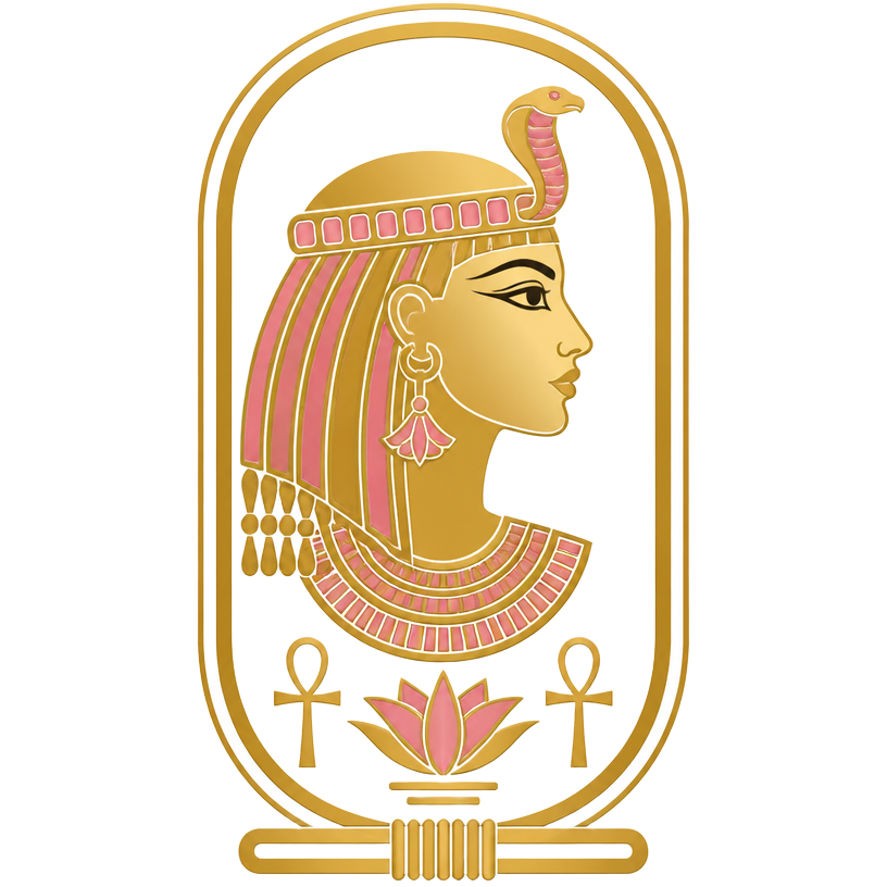 Cleopatra emblem: golden queen's profile in a cartouche